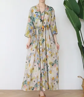Flower Ramie Loose Women Summer Fashion Long Dresses V Neck Waist String AMT962328